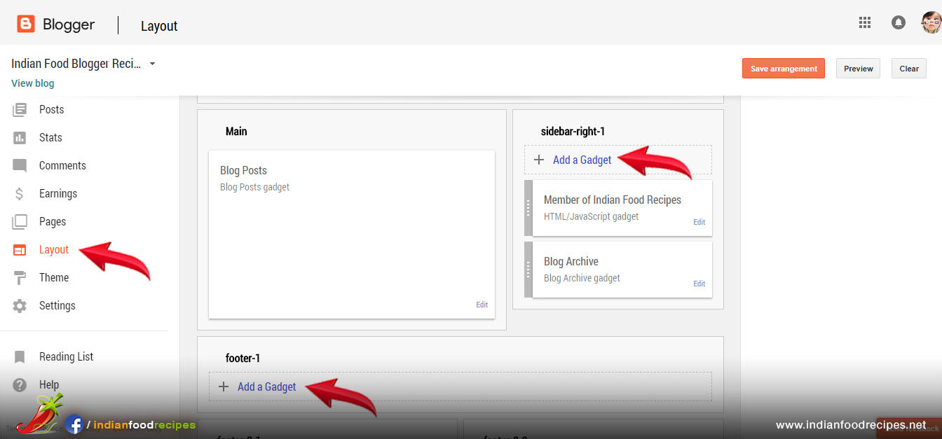 Step 21 - To Insert "Adsense Code" in your food blog. Click on Layout. Then Click on "Add Gadget".