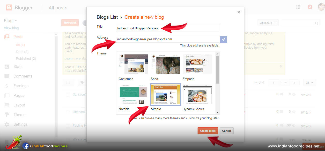 Step 3 - Create a New Blog. Type Title, Food Blog Address and Design Template and click Create Blog
