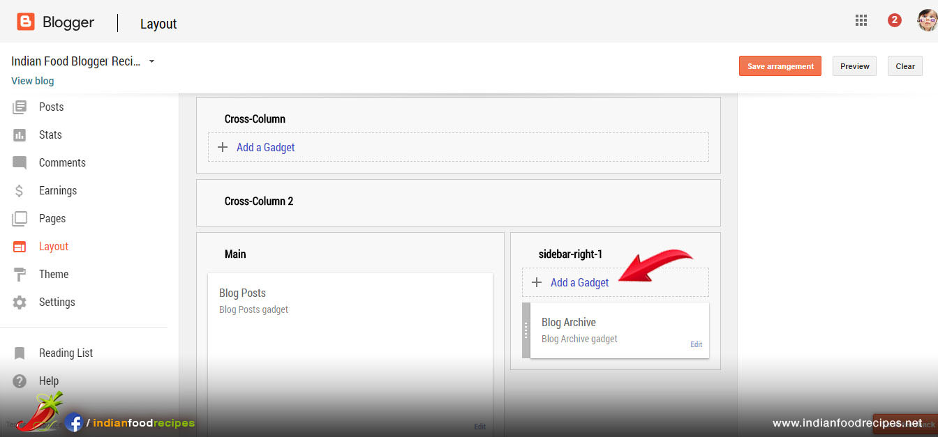 Step 8 - You will see "Add a Gadget" at different places of your food blog. Click on "Add a Gadget" on Side Bar on right side